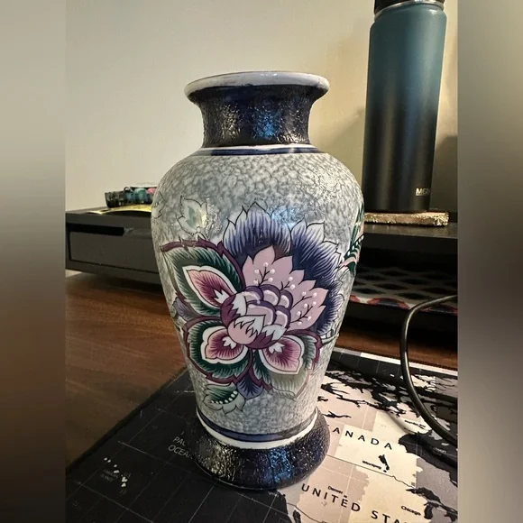 Japanese Vase Textured Paint Moriage Green Blue Pink 8.5" Tall Vintage - Picture 3 of 5